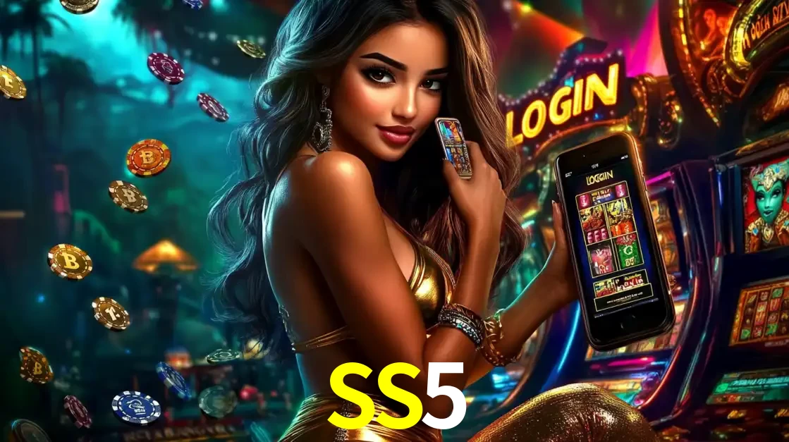 Mulher em um cenário de cassino temático de aventura, mostrando o app de caça-níqueis da SS5 no celular. Fichas de apostas flutuam ao redor.