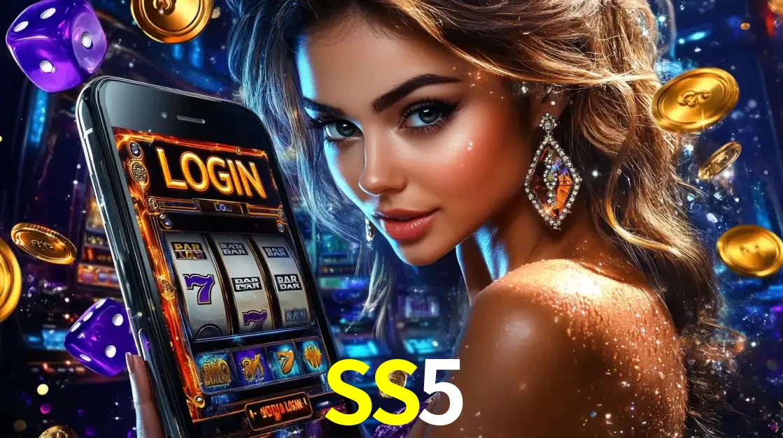 Mulher glamorosa segurando um smartphone com a tela de login para os jogos de caça-níqueis do cassino online SS5, com moedas de ouro e dados ao redor.