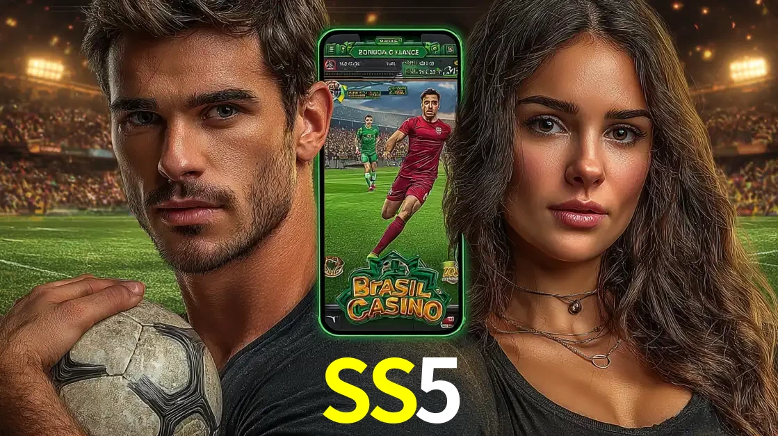 Homem segurando uma bola de futebol e uma mulher ao lado de um smartphone exibindo o jogo de apostas esportivas da SS5. Faça seu palpite no cassino online.