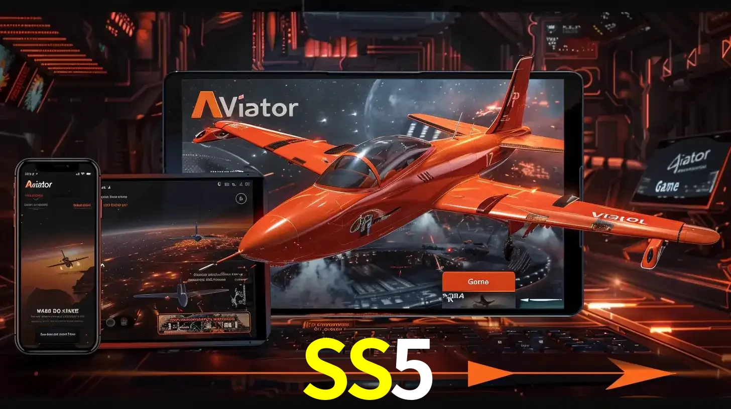 Apresentação tecnológica do jogo Aviator com um avião saindo da tela de um tablet, demonstrando a experiência imersiva em múltiplos dispositivos no SS5.