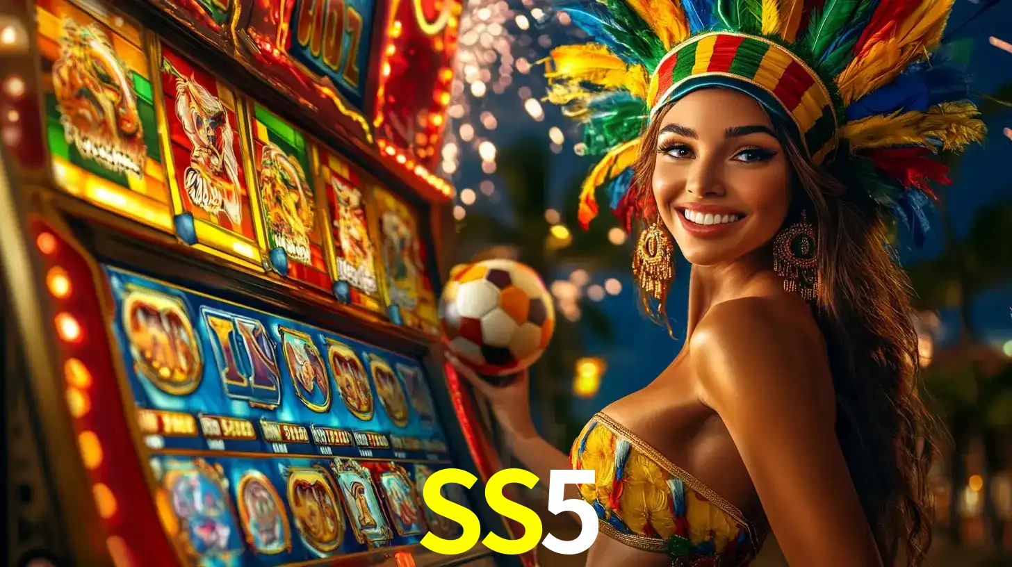 Mulher com um cocar de carnaval ao lado de uma máquina de caça-níqueis enquanto segura uma bola de futebol, mostrando a união da diversão de cassino e esportes no SS5.
