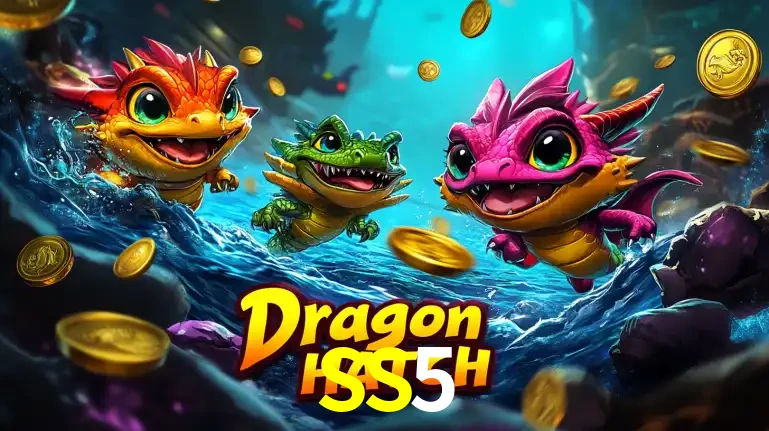 Arte promocional do jogo Dragon Hatch com três adoráveis dragões bebês nadando entre moedas de ouro, um dos slots mais divertidos para jogar no cassino SS5.