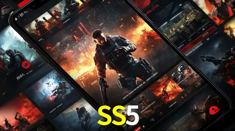 Tela de um celular exibindo uma galeria de jogos de tiro com temática militar, mostrando a variedade de e-sports disponíveis para apostas na plataforma de entretenimento SS5.