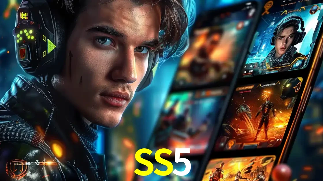 Jovem jogador com fones de ouvido olhando para a câmera, com um aplicativo de jogos e e-sports para celular ao fundo, pronto para a competição e apostas no SS5.