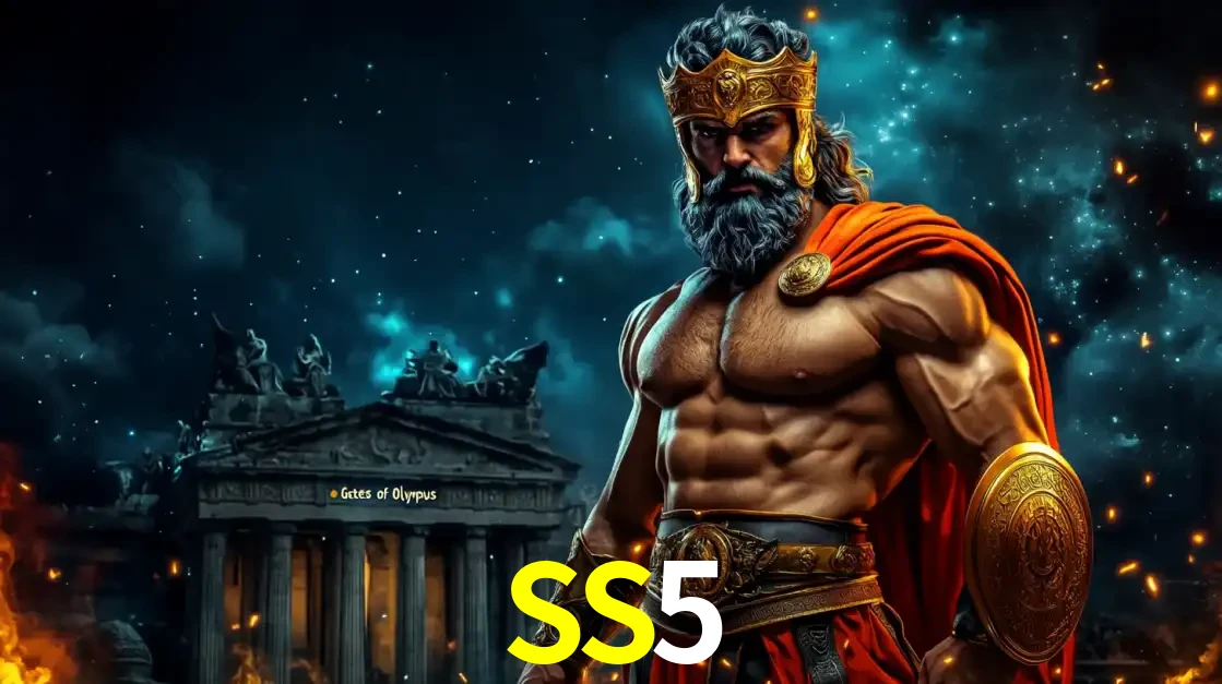 O poderoso Zeus do jogo de slot Gates of Olympus em frente ao seu templo, pronto para lançar multiplicadores divinos e prêmios épicos no cassino online SS5.