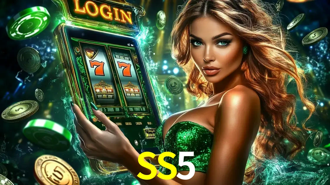 Mulher com tema verde apresentando o aplicativo do cassino SS5 com um jogo de slot de 777, cercada por fichas de cassino e uma aura de sorte.