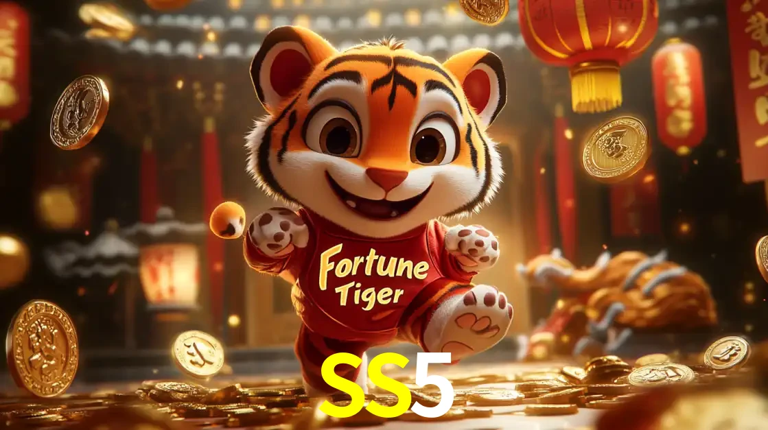O alegre personagem do Fortune Tiger correndo sobre um caminho de moedas de ouro, simbolizando os grandes prêmios e a diversão do popular jogo de slot do SS5.