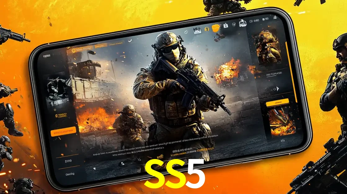 Um smartphone exibindo a interface de um jogo de tiro em primeira pessoa, com um soldado em um cenário de batalha, representando a ação dos e-sports para apostar no SS5.