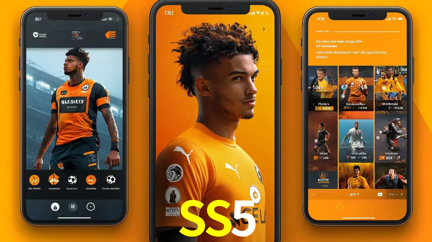 Interface do aplicativo de apostas esportivas SS5 em três telas de celular, mostrando o perfil de um jogador de futebol e a lista de jogos disponíveis para apostar.