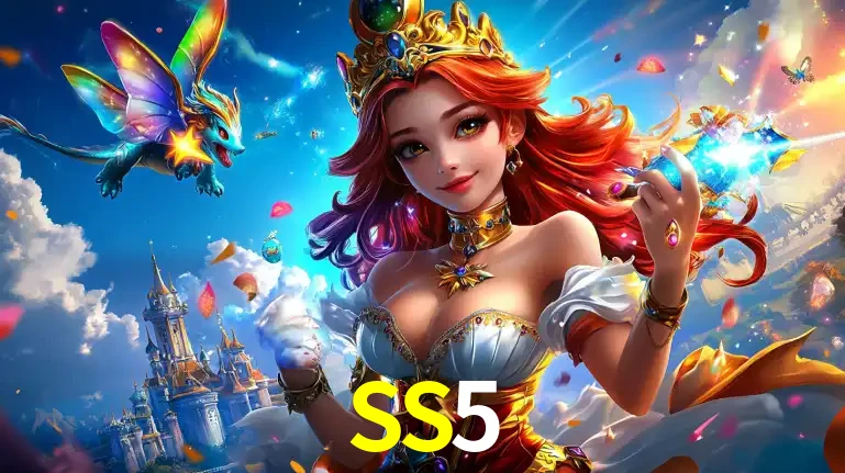 A princesa de um reino de fantasia mágico, com seu pequeno dragão, apresentando um mundo de prêmios encantados nos jogos de caça-níqueis do cassino SS5.