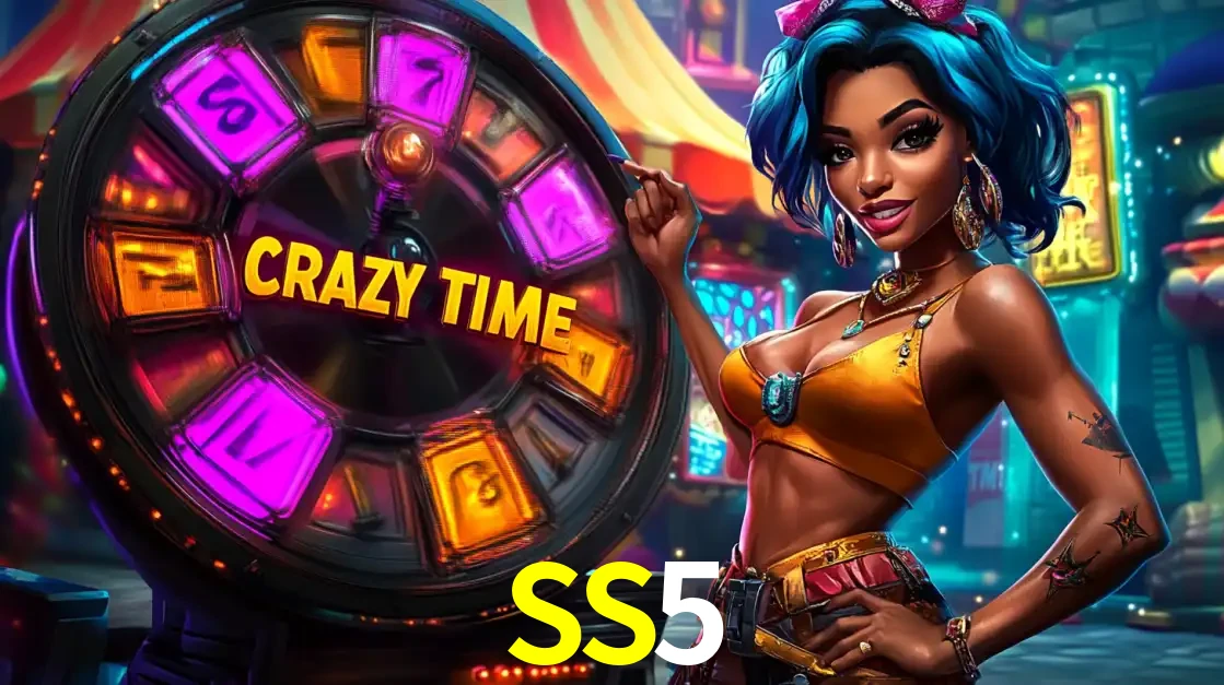 Mulher estilizada com cabelo azul e visual vibrante posando ao lado da roda de prêmios do game show Crazy Time, convidando para a diversão e os bônus do cassino SS5.
