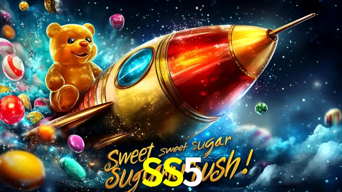 Arte promocional do jogo de slot Sugar Rush, com um urso de pelúcia em um foguete viajando pelo espaço de doces, um dos jogos divertidos disponíveis no cassino SS5.