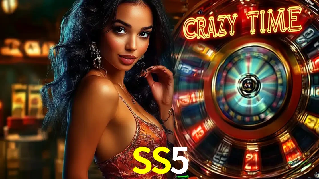 Mulher elegante ao lado da vibrante roda da fortuna do jogo de cassino ao vivo Crazy Time, um dos game shows mais populares e cheios de prêmios do SS5.