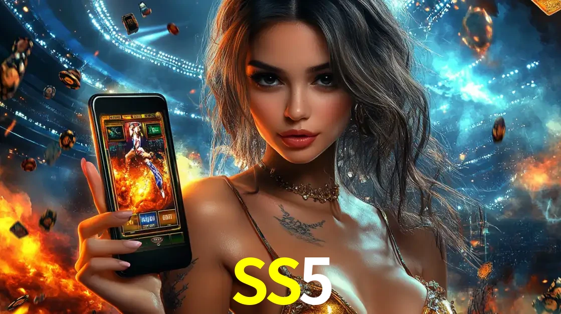 Mulher segurando um celular com um jogo de slot em destaque, tendo como fundo um estádio vibrante, simbolizando a emoção de jogar no cassino móvel SS5.