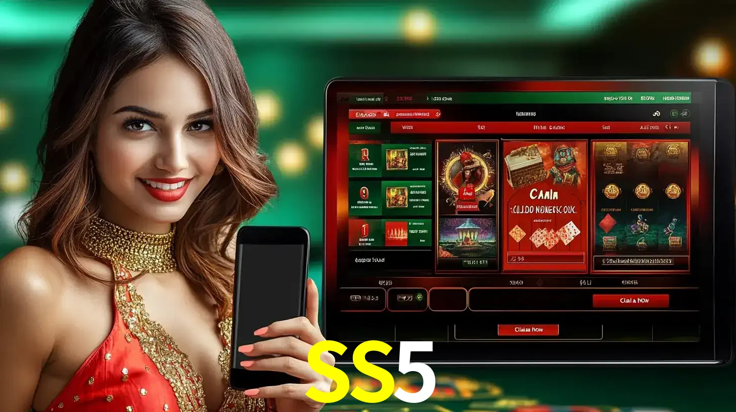 Mulher sorridente segurando um smartphone, ao lado de uma tela exibindo o lobby de jogos do cassino online SS5, com várias opções de jogos de cartas e slots.